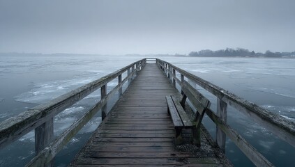 Fototapeta premium Misty winter pier extending into a frozen lake. A weathered wooden pier stretches into a vast expanse of gray-blue, misty water. Ice floes dot the surface. 
