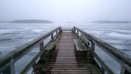 Obraz premium Wooden pier extending over a frozen lake, a misty, gray day