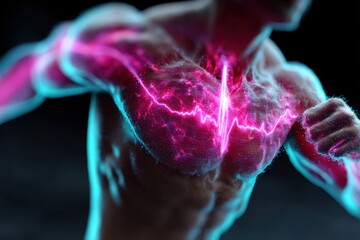 Athlete's health data displayed on chest with glowing electrocardiogram