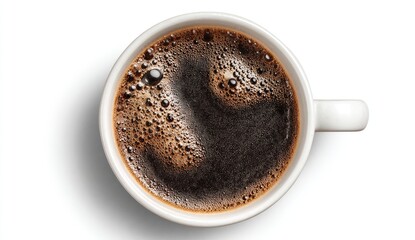 A full coffee cup, top view.  Dark, rich coffee fills the white mug.  Foamy texture on the surface