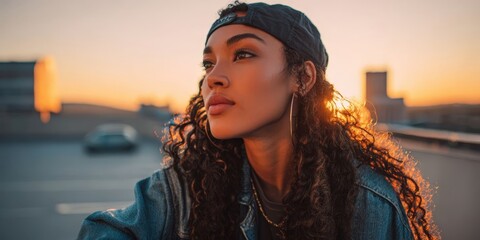 Stylish Gen Z Teen Posing on Parking Garage Rooftop at Sunset