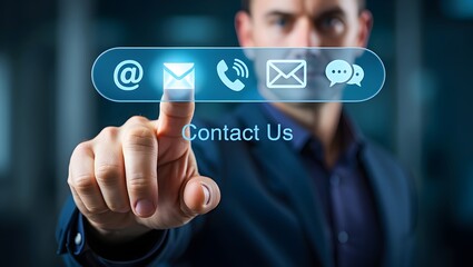Contact us or Customer support hotline, people connect. Businessman touching on virtual screen contact icons (email, address, live chat, telephone). Customer service, helpdesk advice online support
