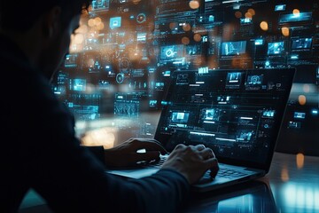 Person working on laptop with holographic interface