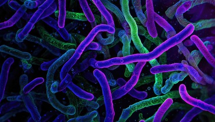 Abstract microscopic view of vibrant, rod-shaped bacteria