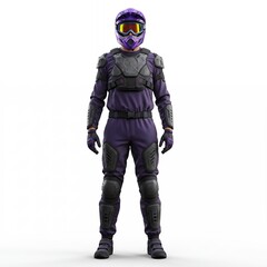 Professional dirt bike racer in purple and navy protective racing jumpsuit with modular helmet standing on white background for action sports branding