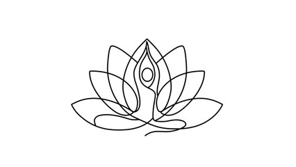 Lotus pose with meditating figure continuous line art.