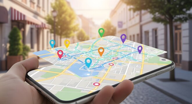 Hand holding smartphone displaying augmented reality navigation map with location pins in a city street