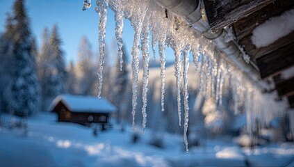Icicles hanging from a roofline in a snowy mountain landscape.  Close-up of frosty icicles,  with a blurred background of a log cabin and snowy trees.  Sunlight highlights the ice formations