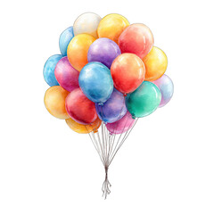 Watercolor bunch of colorful balloons.  A cluster of various pastel and vibrant balloons, tied together by strings.  A celebratory, festive image