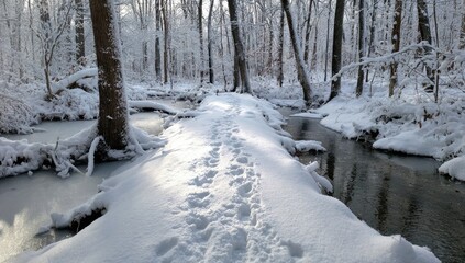 Obraz premium Snowy winter path through a forest. Sunlight highlights footprints in the snow