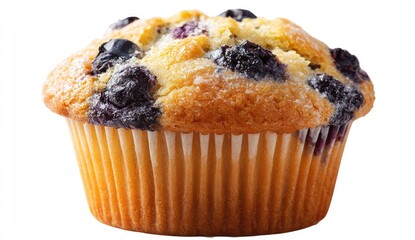 Single blueberry muffin, golden-yellow, light-brown speckled