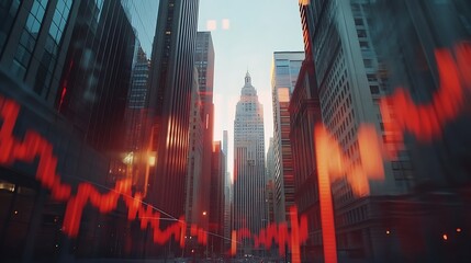 Financial crisis concept with red declining stock market data in city photo