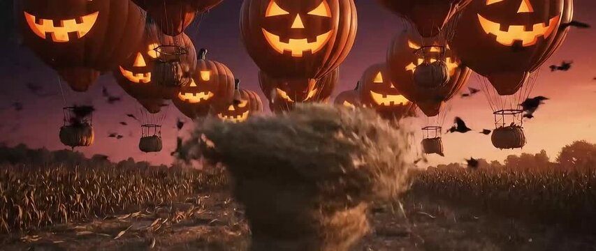 Glitchy hologram scarecrow shudders in a cornfield then shatters into hay confetti that swirls up into floating jack o lantern balloons under a crimson sky