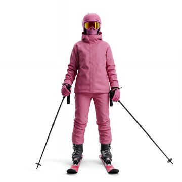 Female skier in pink winter outfit with matching helmet and goggles holding ski poles on white studio background