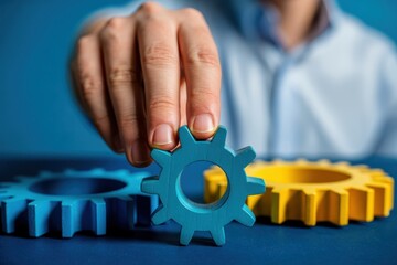 Hand Placing a Blue Gear, teamwork and business process, solution concept.