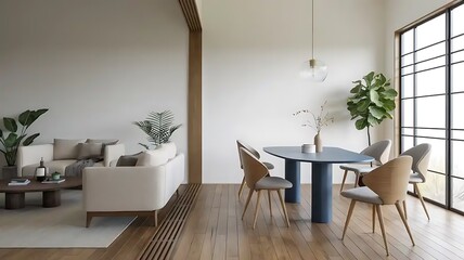 Japandi, minimalist interior design of modern living room. Dining room with blue dining table and stylish chairs....