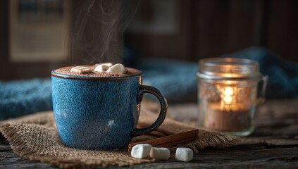 Cozy hot chocolate in a blue mug, steam rising
