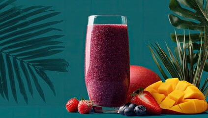 Vibrant purple smoothie with tropical fruit accents