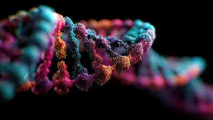 Colorful DNA helix close-up.  DNA strands in vibrant colors,  dots  and spirals.  Scientific  image