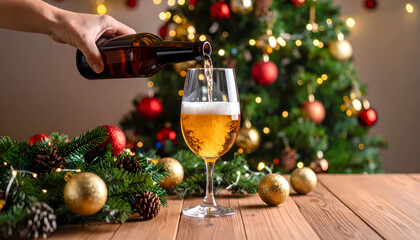 Beer pouring in festive christmas setting