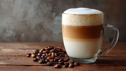 Glass mug of layered coffee drink, frothy top, with coffee beans beside