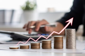 Stacks of Coins with a Rising Graph, financial business growth, investment and success.