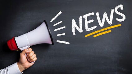 Hand holding megaphone with news text on dark gray background