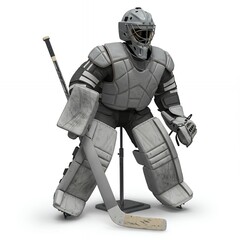 Professional ice hockey goalie in gray protective gear with striped jersey mask leg pads and blocker in ready stance