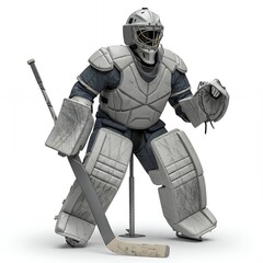 Ice hockey goalkeeper wearing gray and navy blue protective equipment with leg pads chest armor and cage mask