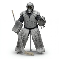Gray ice hockey goaltender in full protective padding with helmet leg guards chest protector and catching glove equipment