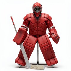 Ice hockey goaltender in red padded equipment crouching in defensive stance with stick on white isolated background