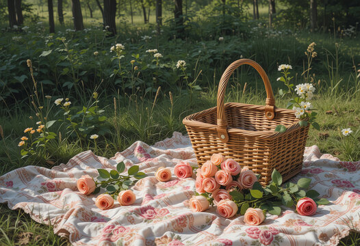 Picnic scene with blanket, basket, and roses 3:2 3000x2000