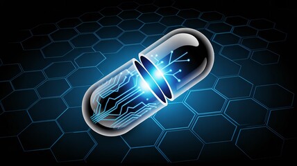 Futuristic medical concept: digital pill with glowing circuit board design on a blue background