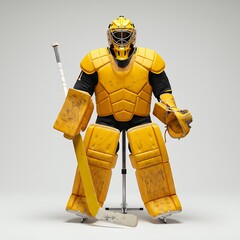 Hockey goaltender in golden yellow protective equipment ready stance with stick blocker and leg pads studio shot