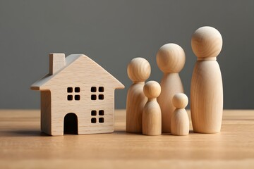 wooden doll family happy face, family home, adoption foster care, homeless support , family mental health, domestic violence, social distancing