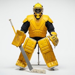 Ice hockey goalkeeper in bright yellow gear crouching defensive position with stick and protective pads white background
