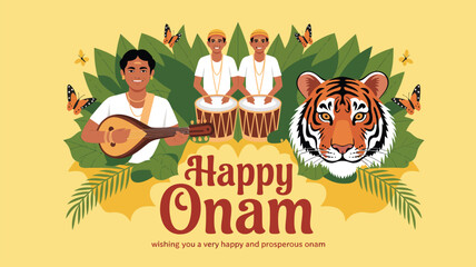 Happy Onam greeting with Pulikali tiger dance, traditional musicians playing drums and strings, festive leaves and butterflies, celebration