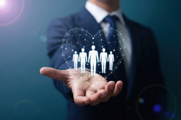 Businessman Holding a Digital Human Network, teamwork and community, employee support.