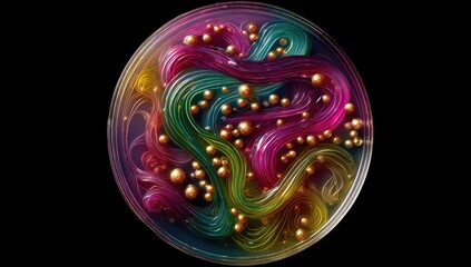 Colorful abstract design resembling a petri dish with swirling, translucent ribbons of vibrant hues and scattered golden beads