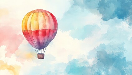 Fototapeta premium Watercolor hot air balloon in pastel sky (1)