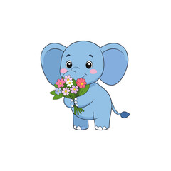 Obraz premium Cute cartoon baby elephant holding a colorful flower bouquet. A lovely character illustration for a greeting, celebration, or birthday gift concept.