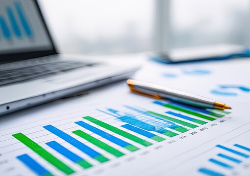 Business data analysis. Charts, graphs, and a laptop sit on a desk, highlighting financial or statistical information. Close-up view shows bar graphs in blue and green, alongside a silver pen