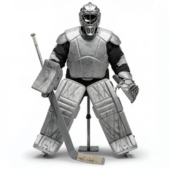Obraz premium Professional hockey goalie in metallic silver protective equipment with cage mask leg pads blocker glove and stick on white studio background