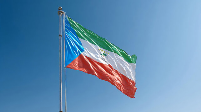 Vibrant flag of Equatorial Guinea waving under clear blue sky with sunlight - Powered by Adobe