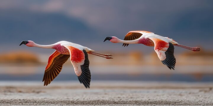 Two Andean Flamingos Flying Over Salt Flat in Parque Laguna Chaxa