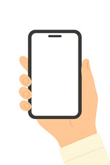 Illustrated hand holding smartphone for logos, ads, etc.