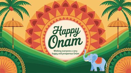 Happy Onam greeting card with festive elephant, palm trees, traditional umbrellas, and circular message design on vibrant green background