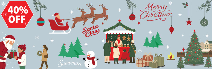 Christmas Sale Promotional Banner with Santa Claus, Editable Discount Badge, Gifts, and Winter Market, for seasonal advertising, promotional banners, posters, flyers, and  marketing campaigns.