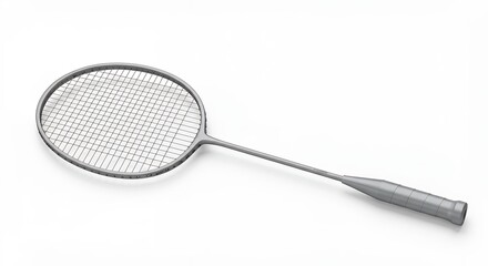 Gray badminton racket with textured grip and dense string pattern photographed at angle on white background for product catalog