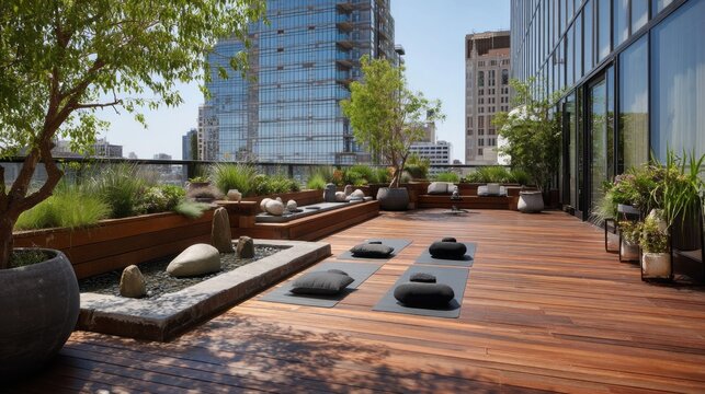 Rooftop yoga deck with lush landscaping and city views. - Powered by Adobe
